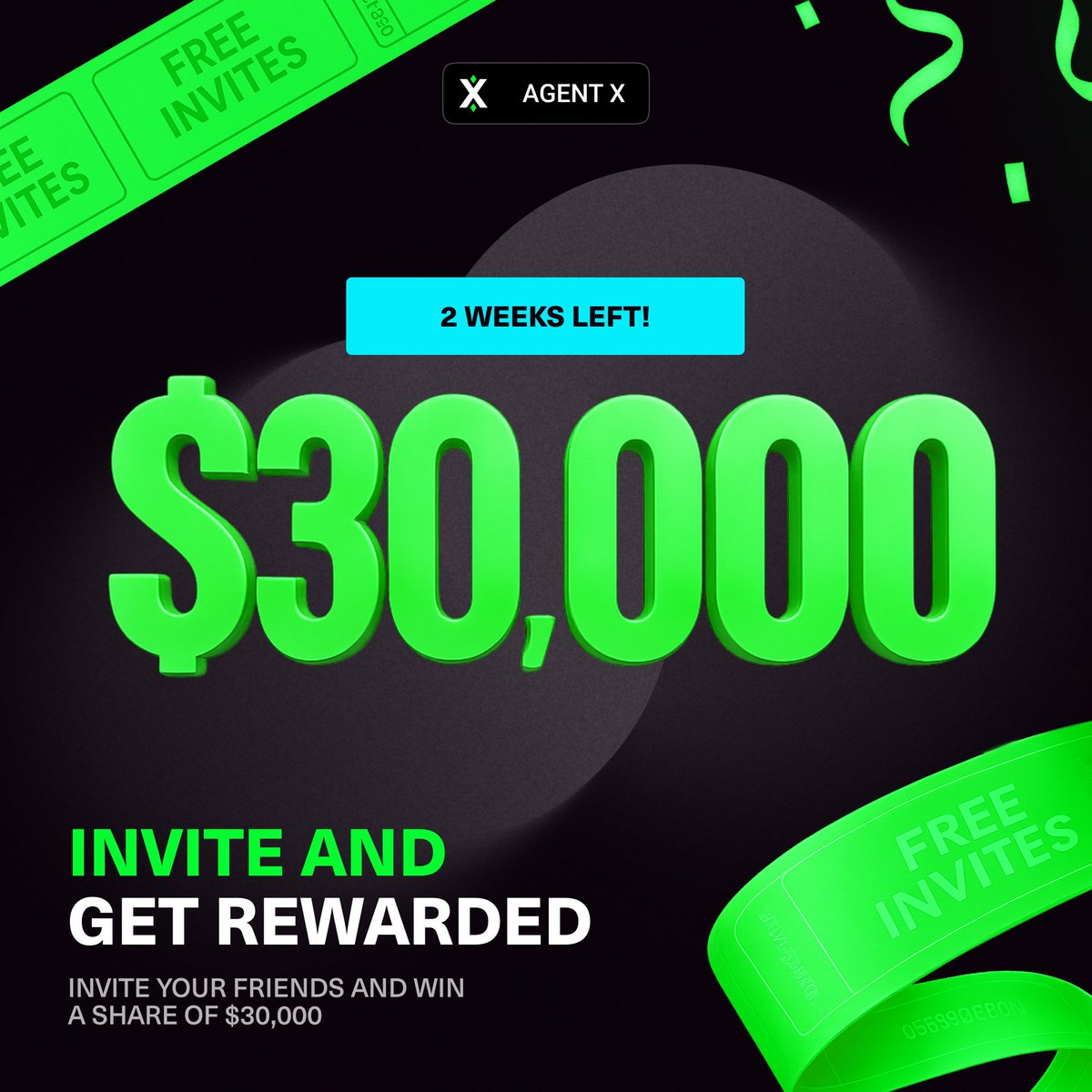 AgentX_news's tweet photo. 💸 Agent X $30,000 Contest!

Only 2 weeks left — time is running out! Are you ready for the real challenge?

🔗 Details:
Active Referrals Contest 👉 https://t.co/RKEDXpzPsm
Regular Referrals Contest 👉 https://t.co/Jhnqr5sROt

#earn #contest #CryptoRewards https://t.co/N0BiqkIatD