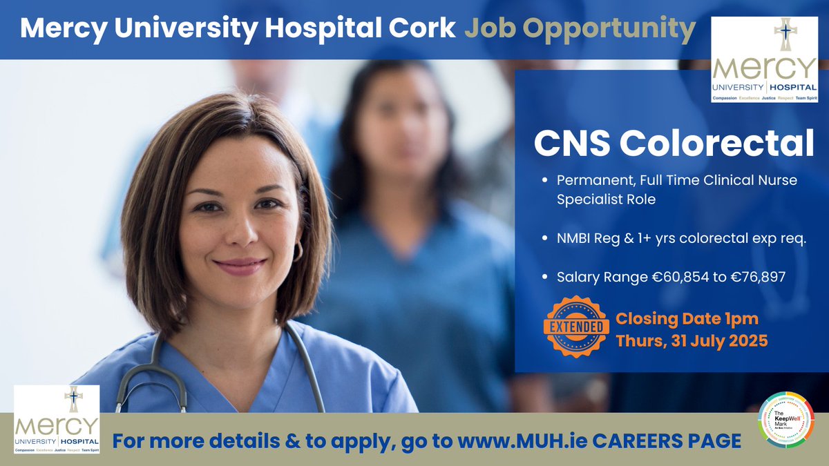 DeeORiordan8's tweet image. 🔔 #ClinicalNurseSpecialist #Colorectal job opening in @Mercycork !  Perm Contract, FT Hrs. 

Closing Date 1pm Thur 31 Jul 2025. For Job Details &amp;amp; to apply: api.occupop.com/shared/job/cli…

#ColorectalNurse #NMBI #HSEJobs #NHSJobs #Stoma #EndoscopyNurse #IBDNurse