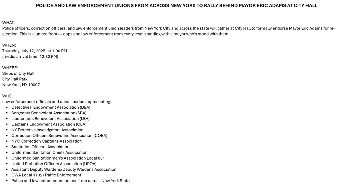 benfeuerherd's tweet image. Conspicuously missing from this list of law enforcement unions who will endorse Adams today: the Police Benevolent Association