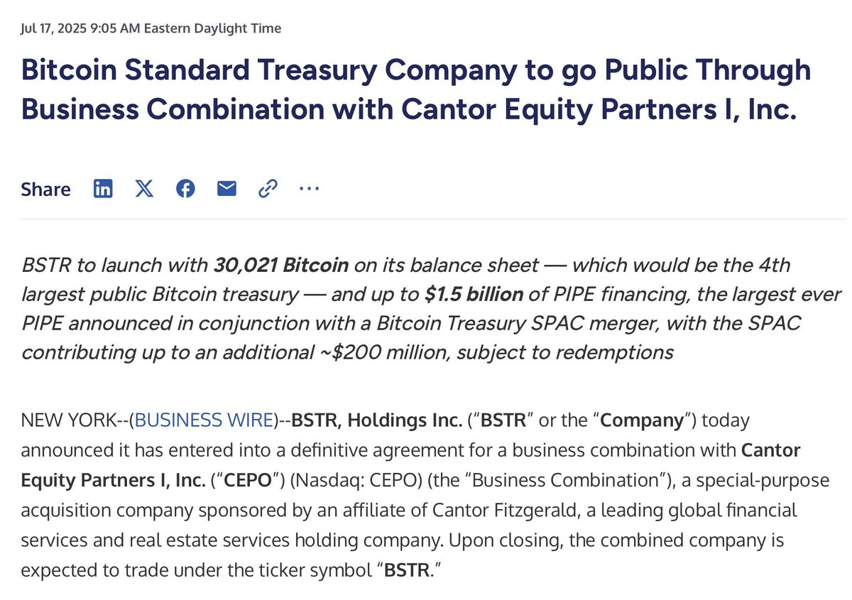 🚨 BREAKING: "BSTR lancia 30.021 BTC, diventando il quarto tesoro di Bitcoin più grande"