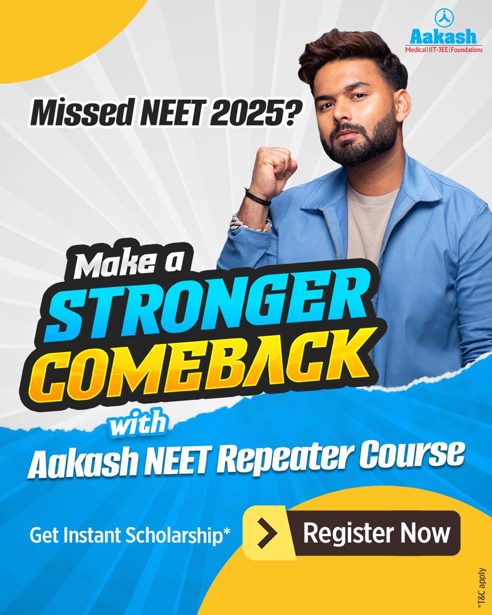 Rishabh Pant (@rishabhpant17) on Twitter photo Missed NEET 2025?
Make a Stronger Comeback in 2026! ๐ช
Join <a href="/AESL_Official/">Aakash Education</a> NEET Repeater Course - bit.ly/3UhxXgU
๐ Expert Guidance | ๐ฏ Targeted Prep
๐ฅ Get Instant Scholarship
#NEET2026 #comebackstrong #aakashrepeater #iacst #neetprepartion #ad Missed NEET 2025?
Make a Stronger Comeback in 2026! ๐ช
Join <a href="/AESL_Official/">Aakash Education</a> NEET Repeater Course - bit.ly/3UhxXgU
๐ Expert Guidance | ๐ฏ Targeted Prep
๐ฅ Get Instant Scholarship
#NEET2026 #comebackstrong #aakashrepeater #iacst #neetprepartion #ad