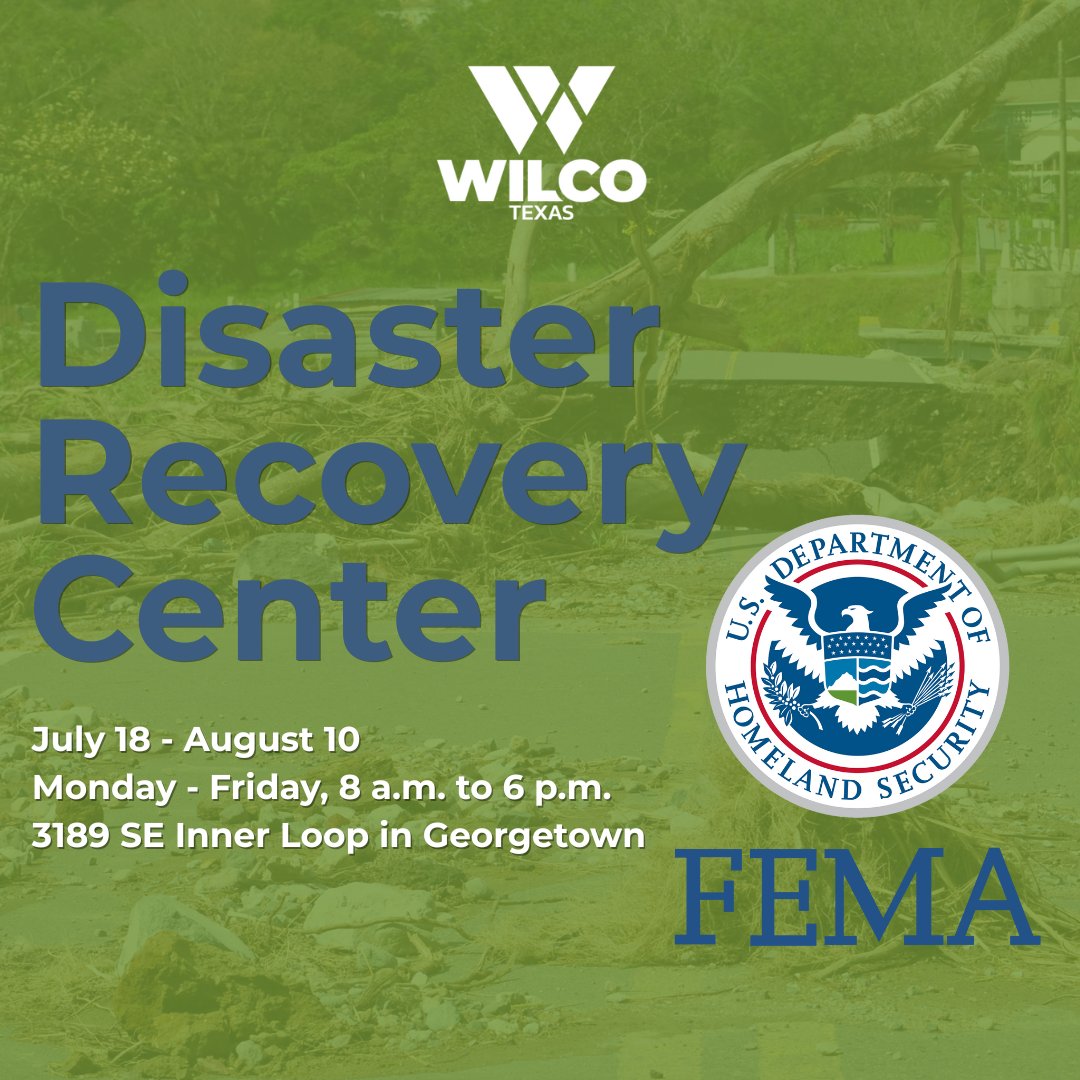 PreparingWilCo's tweet image. 📢 Williamson County, in coordination with FEMA, will open a Disaster Recovery Center to assist flood-impacted residents.
🗓 July 18–Aug. 10, Monday–Friday
🕗 8 a.m. to 6 p.m.
📍 3189 SE Inner Loop, Georgetown
🔗 disasterassistance.gov
Read more: wilcotx.gov/CivicAlerts.as…