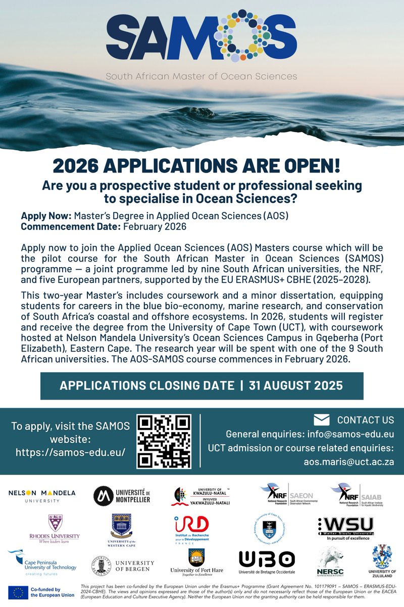 NRF_SAIAB's tweet image. 2026 Applications Now Open!
Are you passionate about the ocean and ready to make waves in your career?
Apply for the Master’s in Applied Ocean Sciences (AOS) — the pilot course for the South African Master in Ocean Sciences (SAMOS) programme!