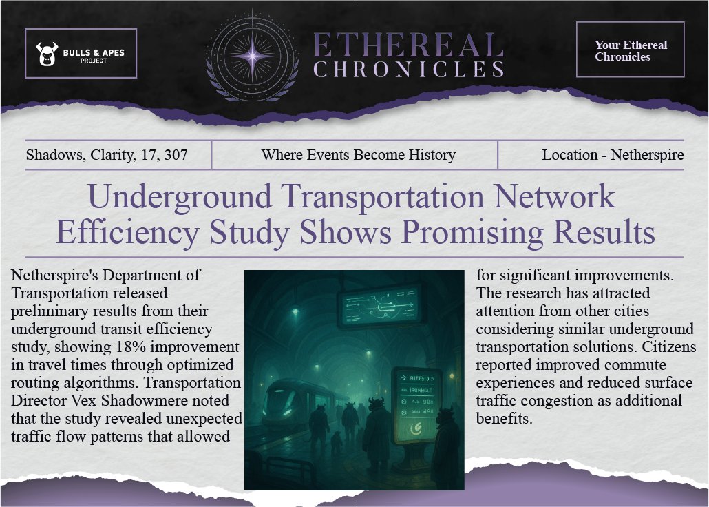 Going underground: Netherspire's transit efficiency study achieves 18% improvement in travel times! 

Optimized routing algorithms and hidden traffic patterns revolutionize underground transportation.