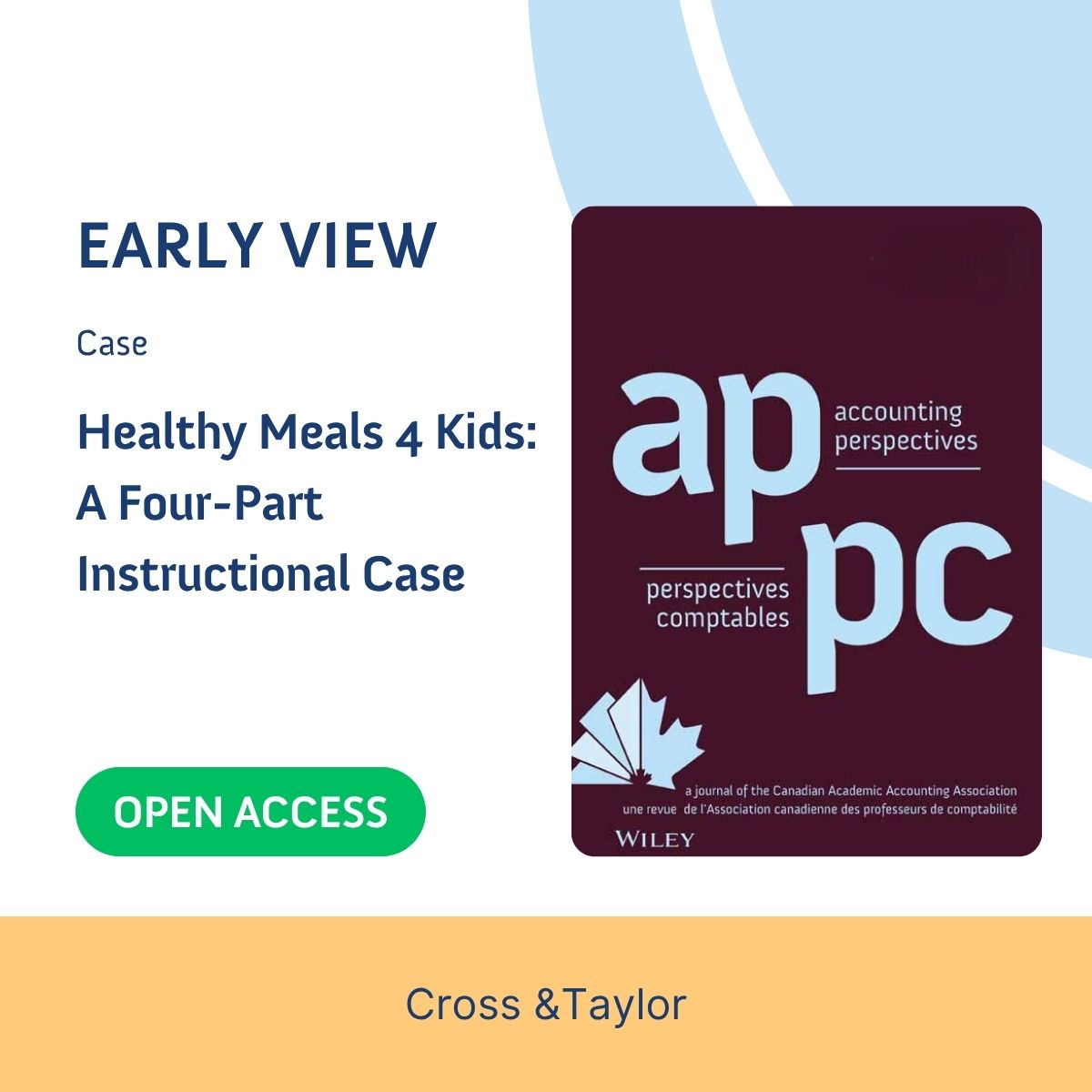Accounting Perspectives / Perspectives comptables (@ap_pc_journal) on Twitter photo 🍽️Excited to introduce this fictional case study featuring Healthy Meals 4 Kids, a not-for-profit organization in New Brunswick, Canada!
🔓🔗onlinelibrary.wiley.com/doi/10.1111/19…
✍️Cross (<a href="/smuhalifax/">Saint Mary’s University</a>) & Taylor (<a href="/DalhousieU/">Dalhousie University</a>)
#AccountingEducation #Auditing #Nonprofit <a href="/CPAcanada/">CPA Canada</a> 🍽️Excited to introduce this fictional case study featuring Healthy Meals 4 Kids, a not-for-profit organization in New Brunswick, Canada!
🔓🔗onlinelibrary.wiley.com/doi/10.1111/19…
✍️Cross (<a href="/smuhalifax/">Saint Mary’s University</a>) & Taylor (<a href="/DalhousieU/">Dalhousie University</a>)
#AccountingEducation #Auditing #Nonprofit <a href="/CPAcanada/">CPA Canada</a>