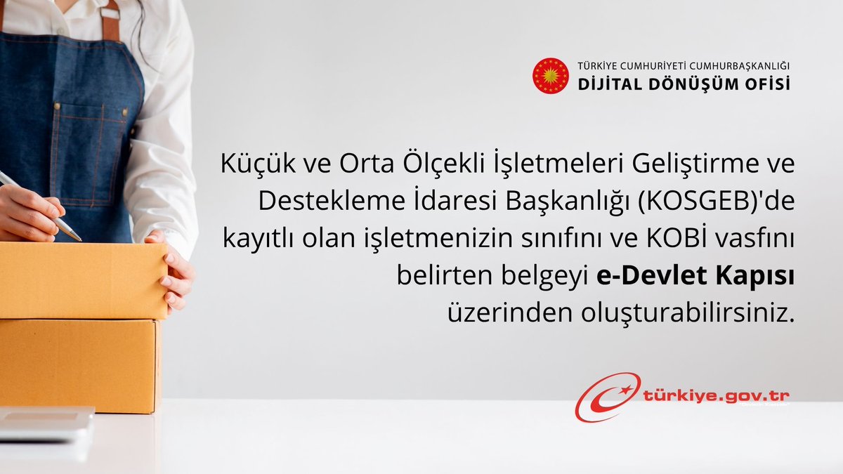 KOSGEB'de kayıtlı olan işletmenizin sınıfını ve KOBİ vasfını belirten belgeyi e-Devlet Kapısı üzerinden oluşturabilirsiniz.
👉 <a href="/TCSanayi/">Sanayi ve Teknoloji Bakanlığı</a> <a href="/Kosgeb/">KOSGEB</a>
🔗 ddo.link/kobi-belge-ger…
🔗 ddo.link/kobi-belge-tuz…
#DijitalTR #edevlet