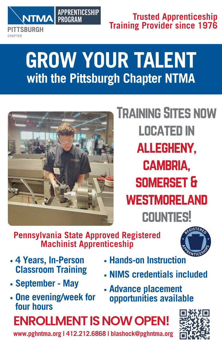Enrollment is NOW OPEN the #PghNTMA apprenticeship classes starting this September!

We’re so excited to expand our reach with two NEW training locations: <a href="/GJCTCspartans/">GJCTC</a>  and Somerset CTC!

Register your new or current apprentices for training today: pghntma.org/programs/appre….