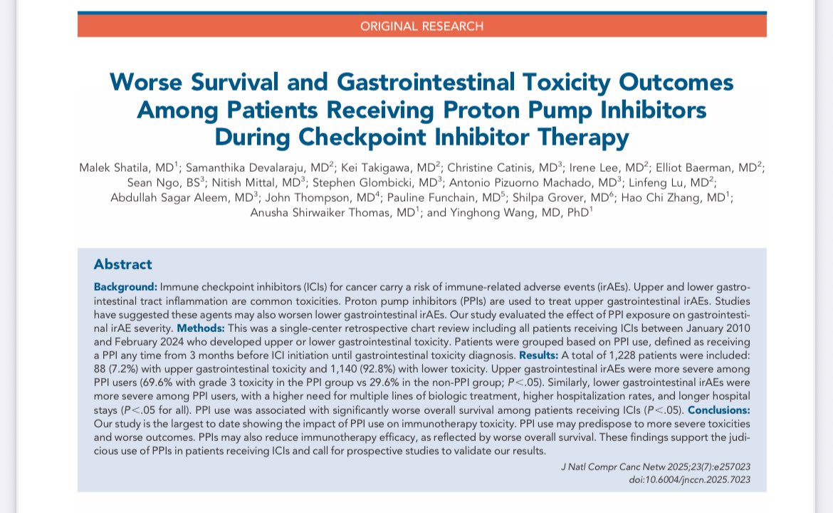 Erman Akkus (@erman_akkus) on Twitter photo 💊PPI and Immune checkpoint inhibitors
<a href="/JNCCN/">Journal of the @NCCN</a>
➡️Retrospective, single center <a href="/MDAndersonNews/">MD Anderson Cancer Center</a> , 1228 patients
🚨More severe upper and lower GI toxicities in PPI users
🚨Worse survival with PPI use
👉jnccn.org/view/journals/…
<a href="/OncoAlert/">OncoAlert</a> <a href="/drkeithsiau/">Keith Siau</a> <a href="/realbowtiedoc/">Dr Joseph McCollom DO</a> #cancer 💊PPI and Immune checkpoint inhibitors
<a href="/JNCCN/">Journal of the @NCCN</a>
➡️Retrospective, single center <a href="/MDAndersonNews/">MD Anderson Cancer Center</a> , 1228 patients
🚨More severe upper and lower GI toxicities in PPI users
🚨Worse survival with PPI use
👉jnccn.org/view/journals/…
<a href="/OncoAlert/">OncoAlert</a> <a href="/drkeithsiau/">Keith Siau</a> <a href="/realbowtiedoc/">Dr Joseph McCollom DO</a> #cancer