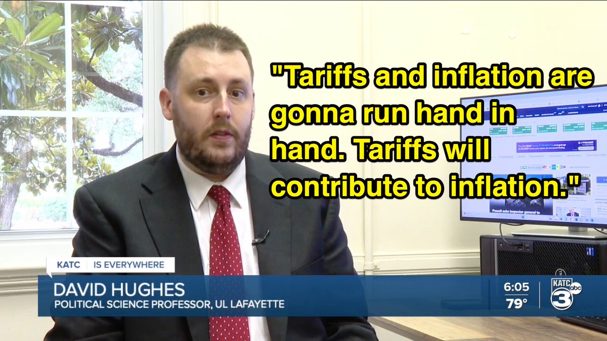 USCostCoalition's tweet image. &quot;Tariffs will contribute to inflation.&quot;

That&apos;s what UL-Lafayette professor David Hughes told @KATCTV3 about the impact on prices in Louisiana.  

katc.com/st-martin-pari…