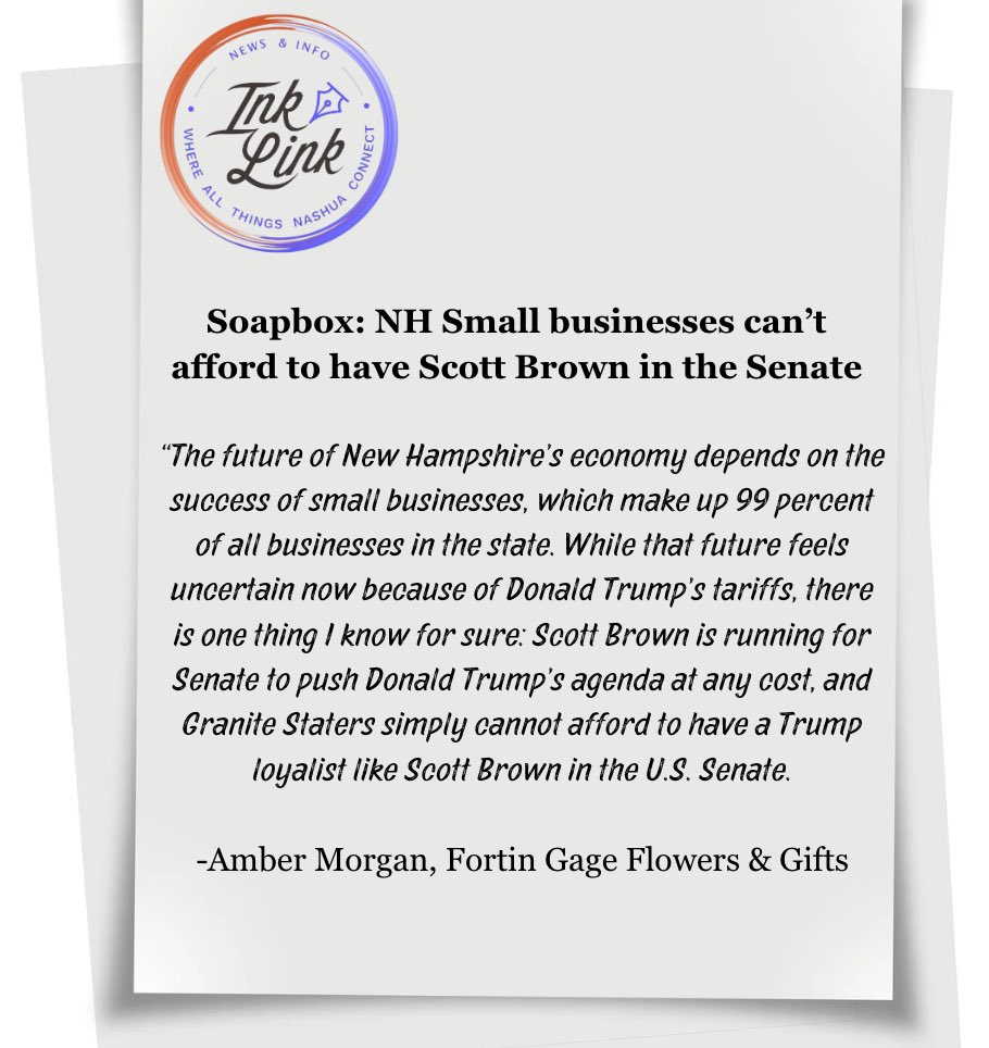 NHDems's tweet image. ICYMI: Amber Morgan, owner of Fortin Gage Flowers & Gifts in Nashua, wrote about how small business owners like her cannot afford to have Trump loyalist Scott Brown in the U.S. Senate. #NHPolitics
Read more ⬇️
nashua.inklink.news/the-soapbox-nh…