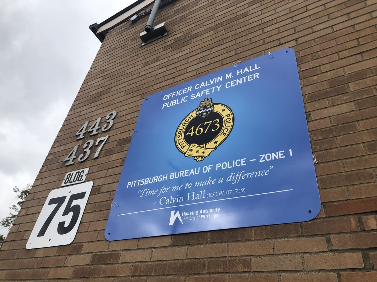 PghPolice's tweet image. On this day, we remember our brother and friend, Pittsburgh Police Officer Calvin Hall, who lost his life on July 17, 2019.
His words "Time for me to make a difference" are written outside the Officer Calvin M. Hall Public Safety Center where he worked and for which it is named.