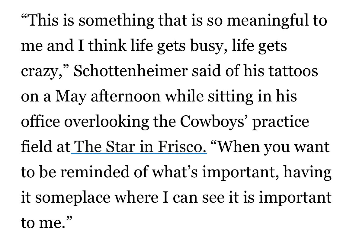 Joseph Hoyt (@joejhoyt) on Twitter photo Very cool to see #Cowboys head coach Brian Schottenheimer open up about his tattoos to <a href="/calvinwatkins/">Calvin Watkins</a>. They mean alot to him — and to his players.
“It just shows you he’s human,” Sam Williams said. “He’s one of us.”
dallasnews.com/sports/cowboys… Very cool to see #Cowboys head coach Brian Schottenheimer open up about his tattoos to <a href="/calvinwatkins/">Calvin Watkins</a>. They mean alot to him — and to his players.
“It just shows you he’s human,” Sam Williams said. “He’s one of us.”
dallasnews.com/sports/cowboys…