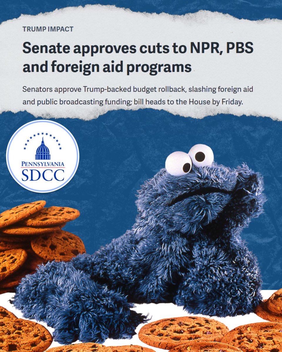 Senate Republicans voted to defund Big Bird, Cookie Monster and public media across PA.

Dave McCormick voted yes.

We’re fighting for working families and every kid learning ABCs on Sesame Street.

Hands off public media.

#PASDCC #SavePBS #PAFamilies