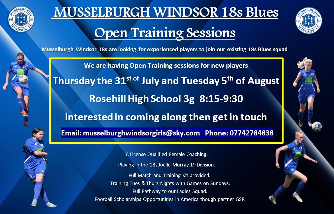 **OPEN SESSIONS**
We are delighted to announce open training sessions for players looking for a new challenge.
Thurs 31st July and Tues 5th Aug 

Get in touch if interested on here or via the details below.
#LetThePlay ⚽️
Scottish Women's Football