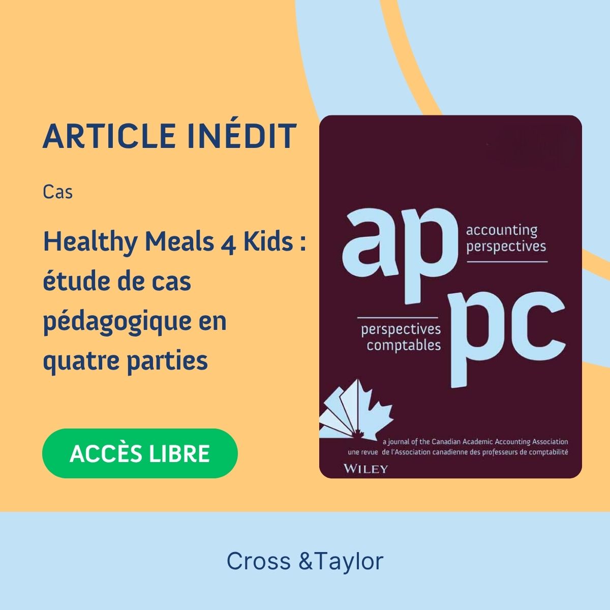 Accounting Perspectives / Perspectives comptables (@ap_pc_journal) on Twitter photo 🍽️Nous sommes ravis de vous présenter cette étude de cas fictive mettant en vedette Healthy Meals 4 Kids, un OSBL du Nouveau-Brunswick, au Canada.
🔓🔗onlinelibrary.wiley.com/doi/10.1111/19…
✍️Cross (<a href="/smuhalifax/">Saint Mary’s University</a>) & Taylor (<a href="/DalhousieU/">Dalhousie University</a>)
#OSBL #cas <a href="/CPAcanada/">CPA Canada</a> #comptabilité 🍽️Nous sommes ravis de vous présenter cette étude de cas fictive mettant en vedette Healthy Meals 4 Kids, un OSBL du Nouveau-Brunswick, au Canada.
🔓🔗onlinelibrary.wiley.com/doi/10.1111/19…
✍️Cross (<a href="/smuhalifax/">Saint Mary’s University</a>) & Taylor (<a href="/DalhousieU/">Dalhousie University</a>)
#OSBL #cas <a href="/CPAcanada/">CPA Canada</a> #comptabilité