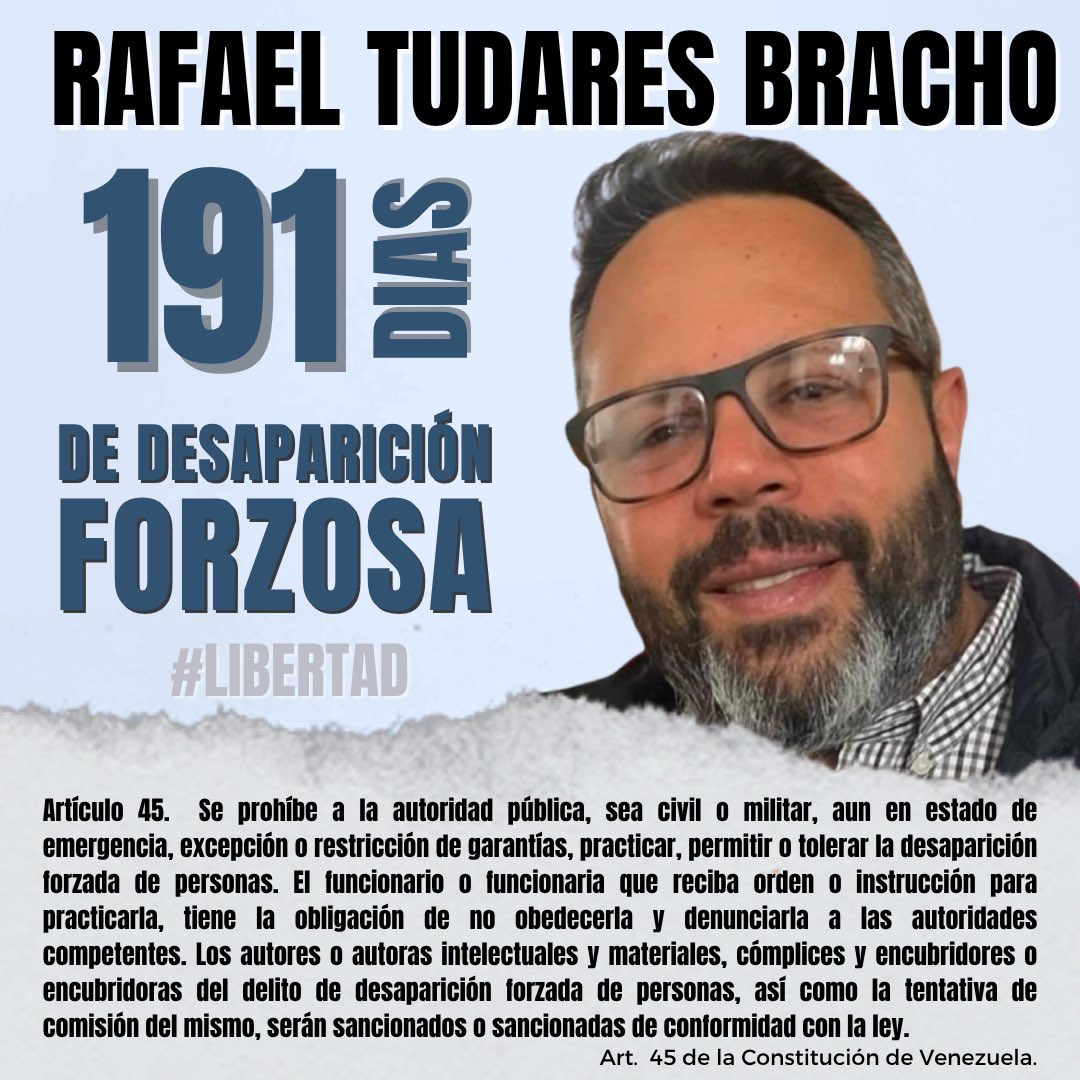 MarianaGTudares's tweet image. 191 días de Desaparición Forzada de Rafael Tudares Bracho.
Mi lucha por la libertad de mi esposo no es política. No busco instrumentalizar su desaparición. Mi causa es humanitaria. Ni él ni yo somos políticos ni tenemos vinculación con asuntos partidistas. Solo pido su libertad.