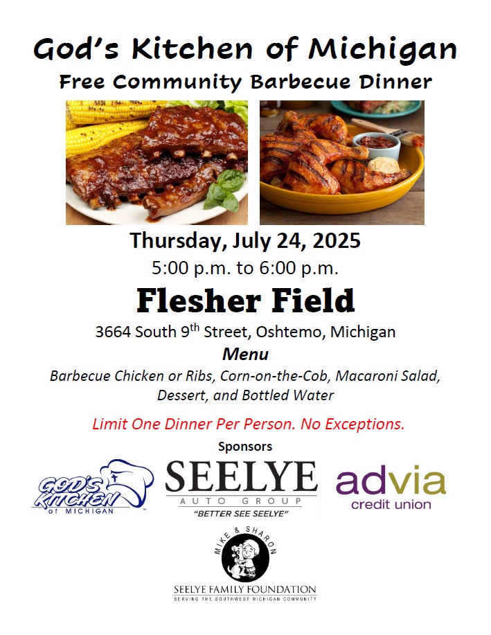 <a href="/GodsKitchenofMI/">God's Kitchen of Michigan</a> will serve two free barbecue dinners in Battle Creek and Oshtemo Township next week. Open to the public. There are no income or religious requirements to attend. All are welcome to attend. RT