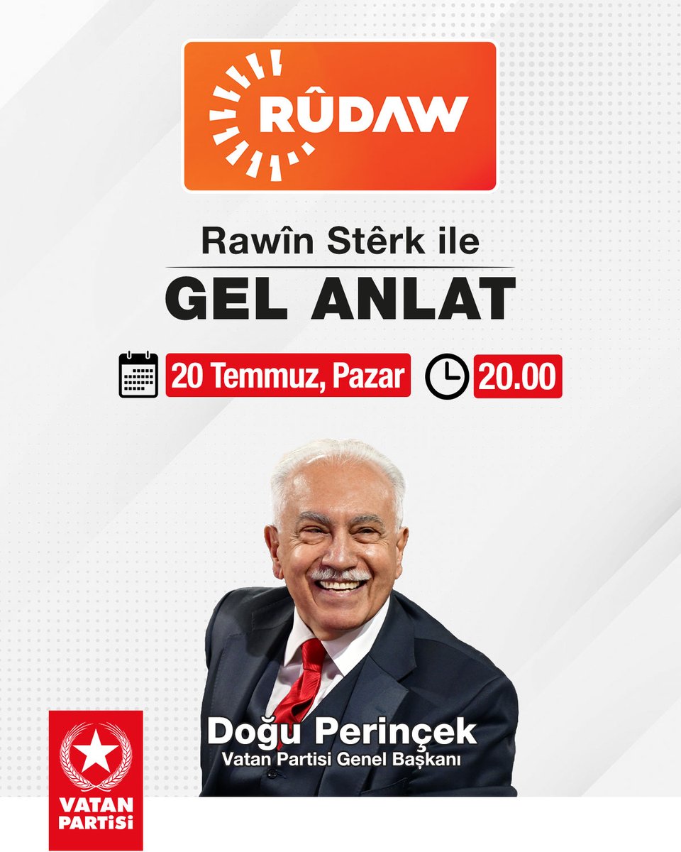 Genel Başkanımız, Doğu Perinçek 20 Temmuz Pazar günü saat 20.00'de Rûdaw TV Youtube kanalında Gel Anlat programında Rawîn Stêrk'in sorularını yanıtlayacak.