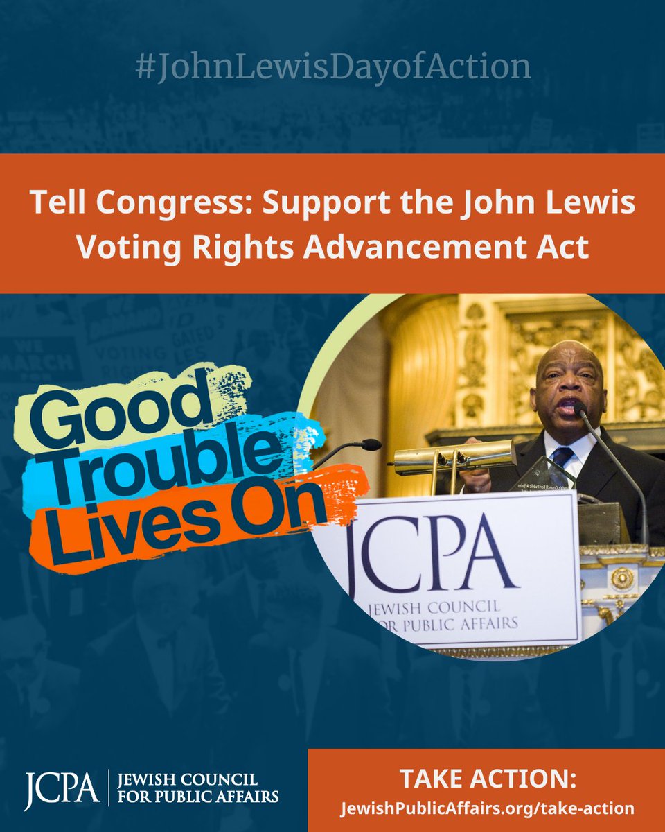 theJCPA's tweet image. The Jewish community knows our safety depends on the rights of all. On the #JohnLewisDayOfAction, urge Congress to pass the #JohnLewisVRAA and protect our freedom to vote.
📢 Take action: act.jewishpublicaffairs.org/a/urge-members…
#GoodTroubleLivesOn