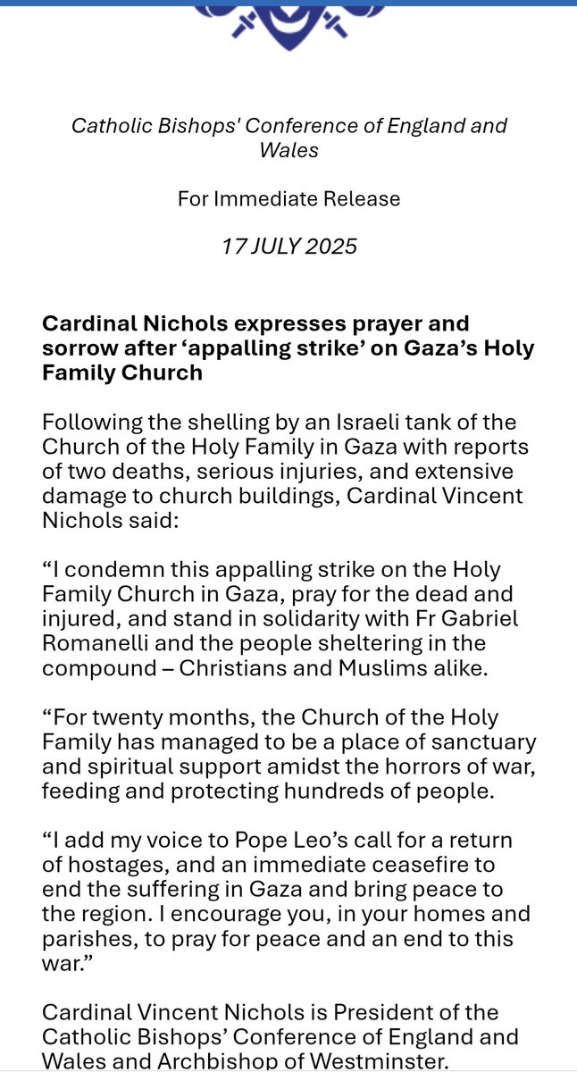 ChaiBrady's tweet photo. Cardinal Vincent Nichols, President of the Catholic Bishops’ Conference of England and Wales, has also condemned the "appalling strike" on the only Catholic Church in Gaza by Israel https://t.co/Jtig3hu1Ke