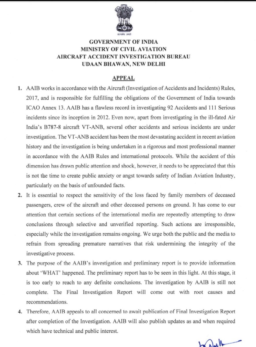 Finally - the Aircraft Accident Investigation Bureau calls out “selective, unverified and irresponsible” reporting on a day the Wall Street Journal does a hit job blaming Capt Sumeet Sabharwal for taking down Air India 171. Not sure this will stop western media - the ambiguity in
