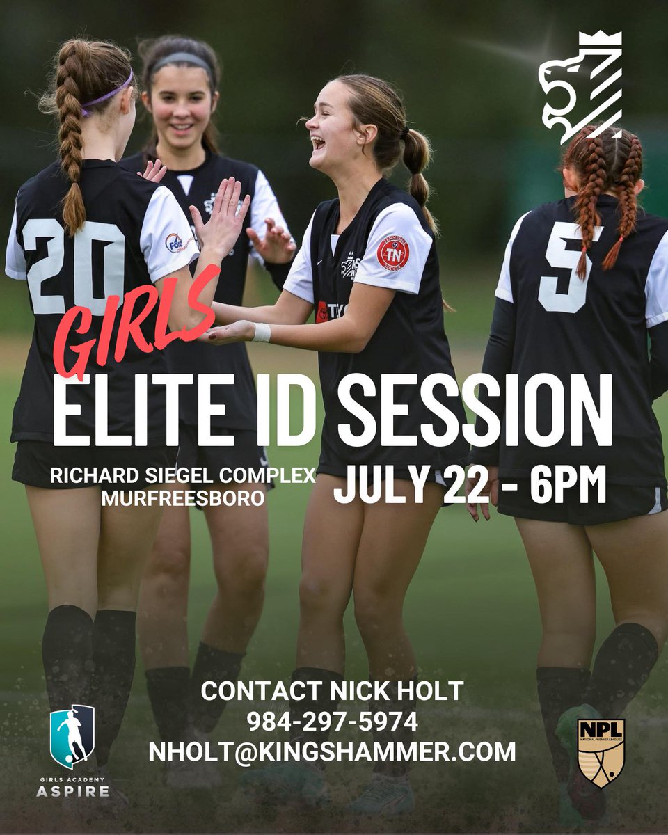 Kings Hammer Murfreesboro (@khmurfreesboro) on Twitter photo Girls Elite ID Session 🔥
Ready to take your game to the next level?
📆 Open to girls U13–U19
📍Elite-level training & evaluation
Interested in joining Kings Hammer?
📞 Nick Holt – 984-297-5974
📧 nholt@kingshammer.com Girls Elite ID Session 🔥
Ready to take your game to the next level?
📆 Open to girls U13–U19
📍Elite-level training & evaluation
Interested in joining Kings Hammer?
📞 Nick Holt – 984-297-5974
📧 nholt@kingshammer.com