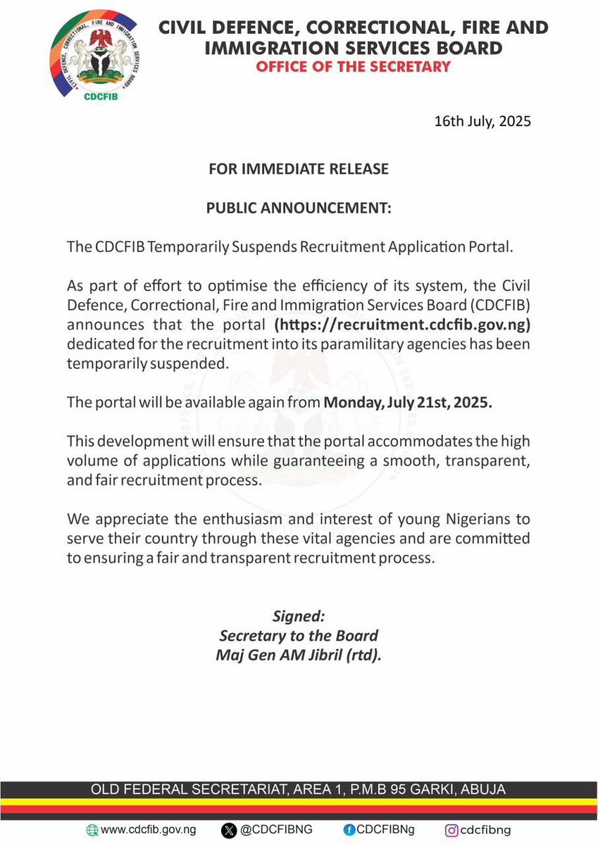 bnumar22's tweet photo. UPDATE: 

Civil Defense, Correctional, Fire and Immigration Services Board temporarily suspends the recruitment portal till July 21st. https://t.co/MhieWyZduI