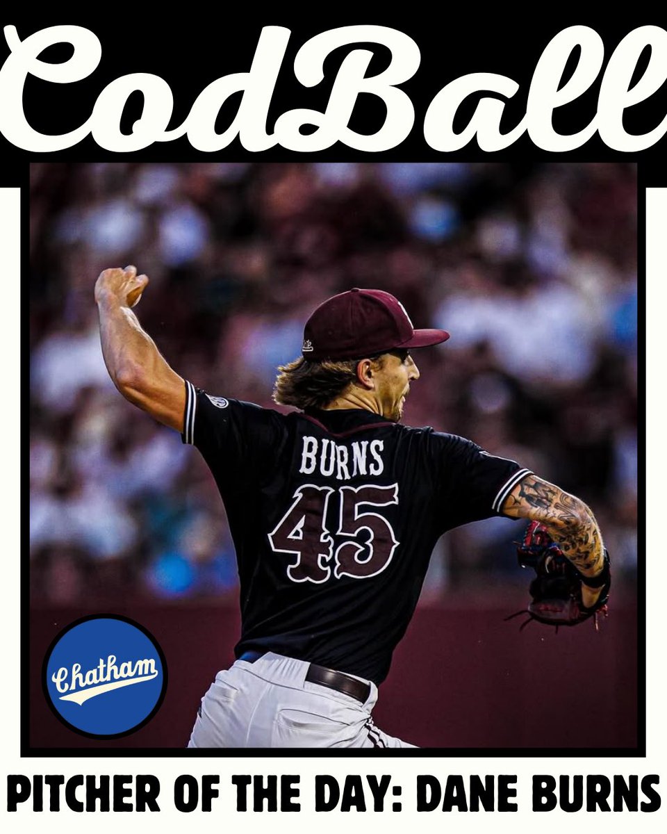 CodBall (@codball) on Twitter photo The CodBall Pitcher of the Day is Dane Burns (<a href="/HailStateBB/">Mississippi State Baseball</a>)
Dane struck out 5 across 2.2 innings of work while only surrendering 1 unearned run for the <a href="/ChathamAnglers/">Chatham Anglers</a> last night The CodBall Pitcher of the Day is Dane Burns (<a href="/HailStateBB/">Mississippi State Baseball</a>)
Dane struck out 5 across 2.2 innings of work while only surrendering 1 unearned run for the <a href="/ChathamAnglers/">Chatham Anglers</a> last night