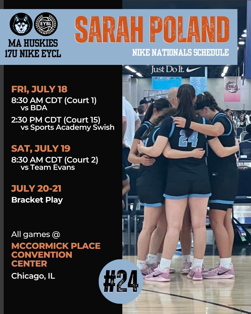 Sarah Poland (@spoland2026) on Twitter photo Here is my schedule for
the Nike Nationals in Chicago this weekend!! <a href="/MAHuskies/">MA_Huskies</a> <a href="/nikegirlseycl/">Nike Girls EYBL Champions League</a> <a href="/Theyoungcoachk/">Kenny Small Jr.</a> Here is my schedule for
the Nike Nationals in Chicago this weekend!! <a href="/MAHuskies/">MA_Huskies</a> <a href="/nikegirlseycl/">Nike Girls EYBL Champions League</a> <a href="/Theyoungcoachk/">Kenny Small Jr.</a>