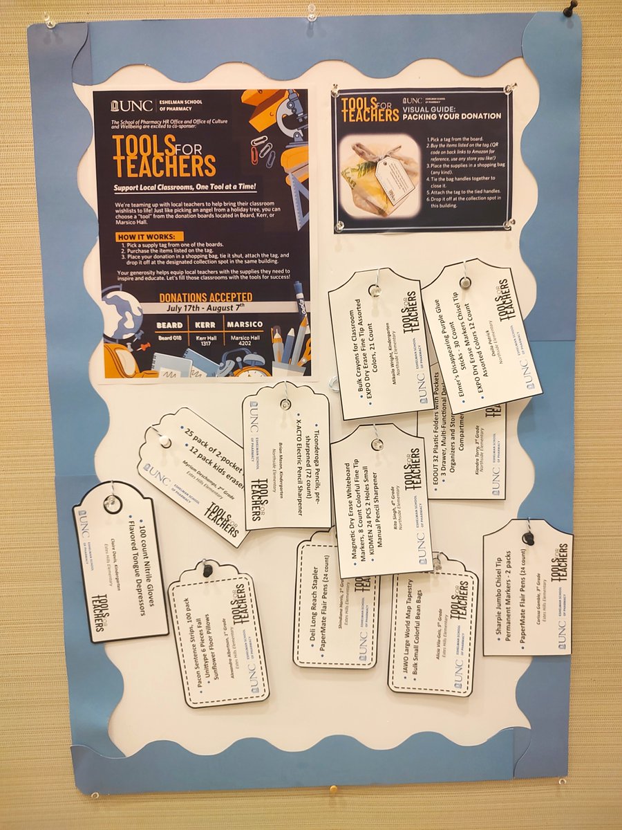 Pharmacoengineering & Mol Pharmaceutics (DPMP UNC) (@dpmp_unc) on Twitter photo DPMP is excited to participate in Tools for Teachers donation drive. A meaningful way to support local educators with small donations of supplies as they prepare for the new school year. Donations accepted 7.17-8.7.
Our board is up on Marsico 4th Floor and ready!
<a href="/UNCPharmacy/">UNC Pharmacy</a> DPMP is excited to participate in Tools for Teachers donation drive. A meaningful way to support local educators with small donations of supplies as they prepare for the new school year. Donations accepted 7.17-8.7.
Our board is up on Marsico 4th Floor and ready!
<a href="/UNCPharmacy/">UNC Pharmacy</a>