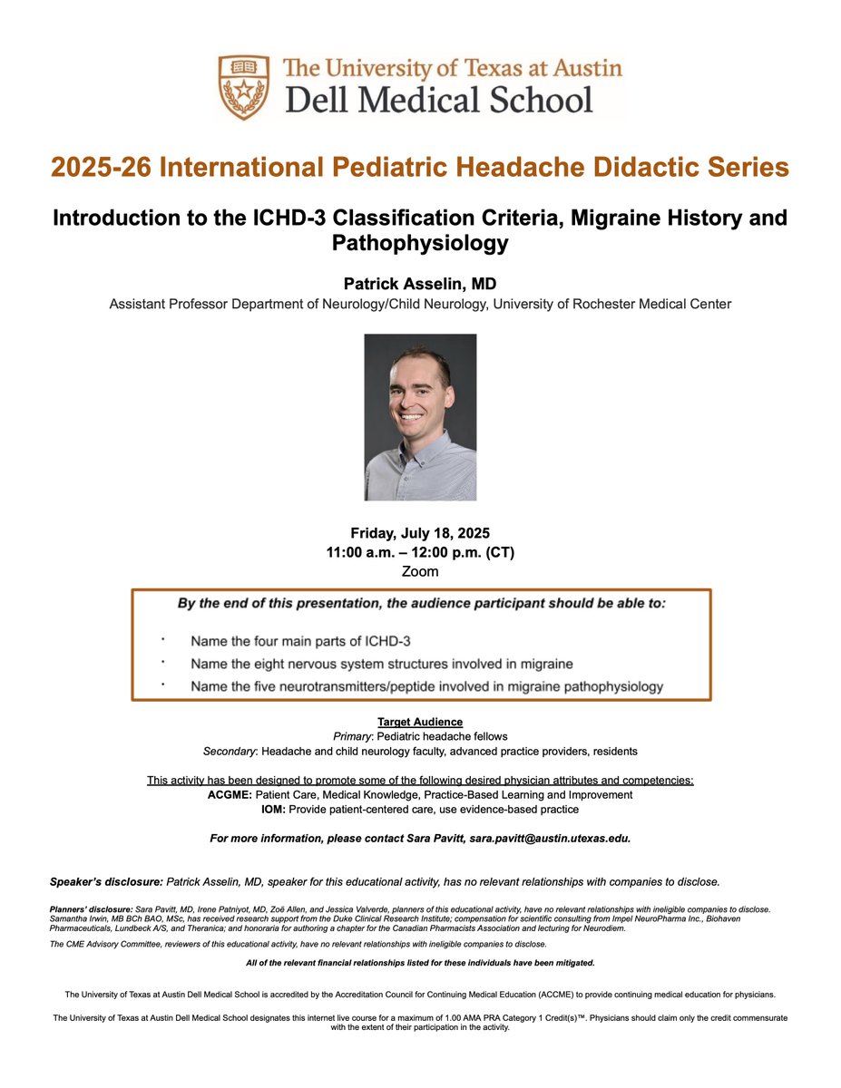 Pediatric Neurosciences at Dell Children’s (@pedneuroscience) on Twitter photo Don't miss the International Pediatric #Headache Didactic Series Friday at 11 am CT! Patrick Asselin, MD, of <a href="/UR_Med/">UR Medicine</a> will be providing an introduction to the ICHD-3 classification criteria, migraine history, and pathophysiology. Register now: bit.ly/3v7FdQt
#IPHDS Don't miss the International Pediatric #Headache Didactic Series Friday at 11 am CT! Patrick Asselin, MD, of <a href="/UR_Med/">UR Medicine</a> will be providing an introduction to the ICHD-3 classification criteria, migraine history, and pathophysiology. Register now: bit.ly/3v7FdQt
#IPHDS