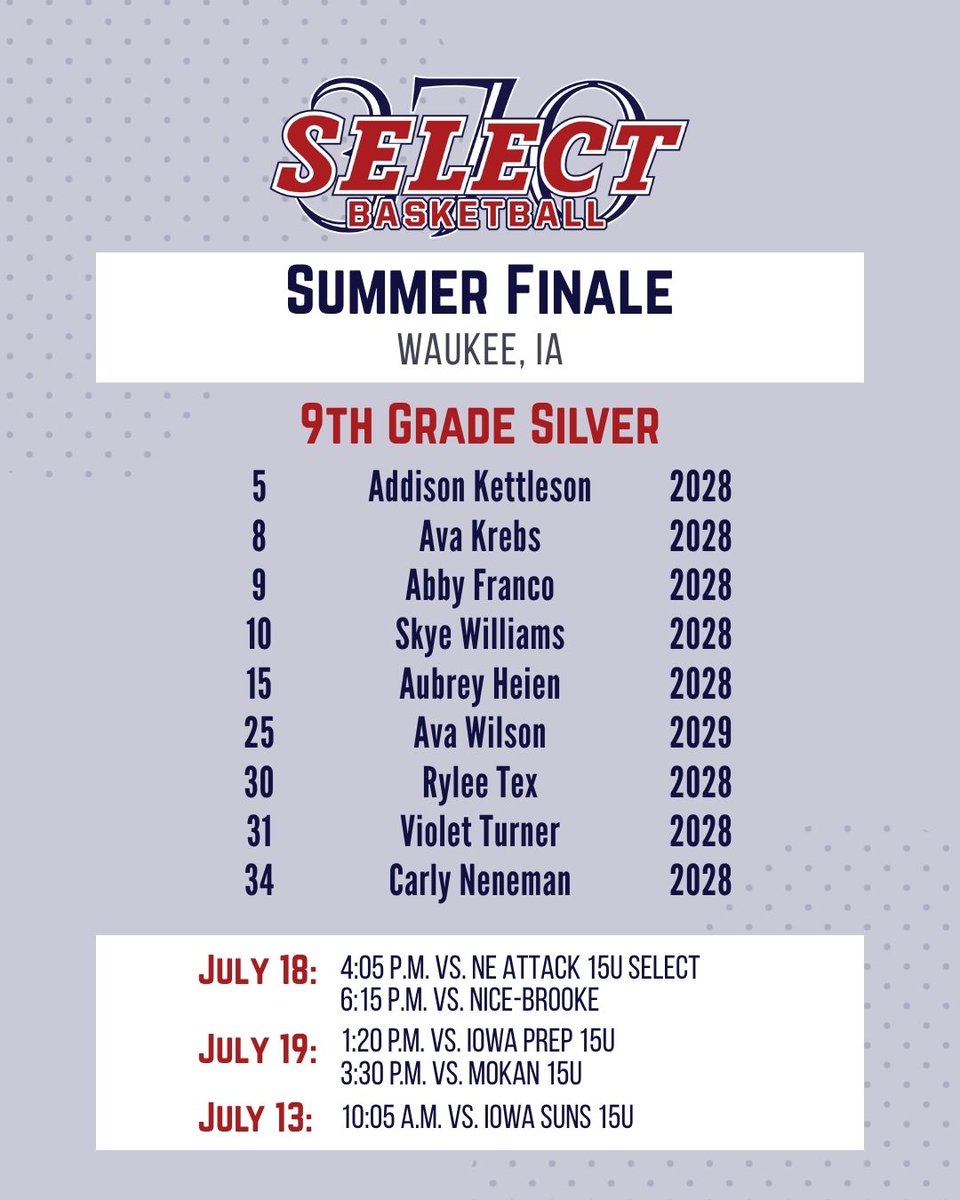 9th Grade Silver Roster &amp; Schedule
Summer Finale - Waukee, IA
One last tournament this summer, excited to watch this group compete!!
#370select #workhardplayhard
