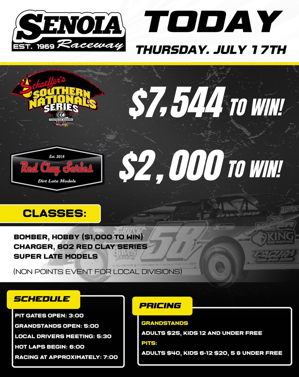 SenoiaR's tweet image. TONIGHT at Senoia Raceway: Schaeffer’s Oil Summer Nationals Super Late Models $7,544-to-Win!
💰 $2,000-to-Win 602 Red Clay Series
💰 $1,000-to-Win Hobby
Plus action from: Bombers, Chargers, Supers
(Non-points event for local divisions)