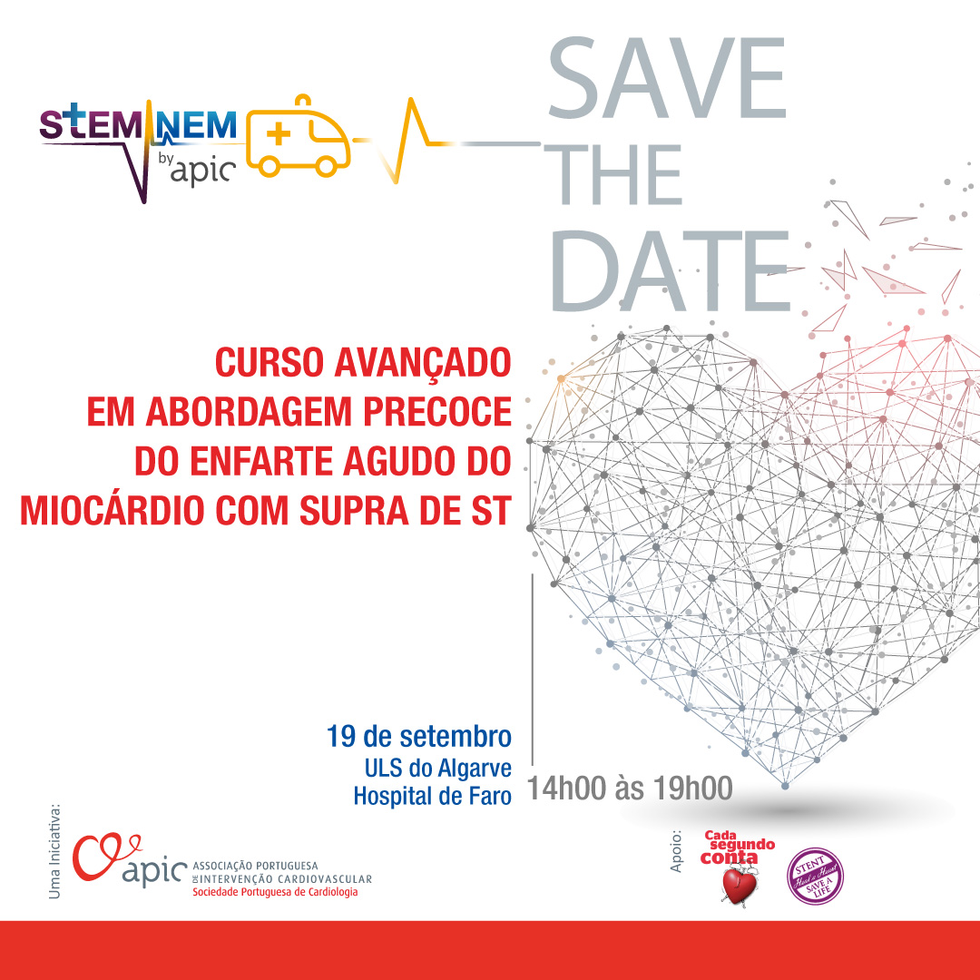 📢𝗦𝗔𝗩𝗘 𝗧𝗛𝗘 𝗗𝗔𝗧𝗘

A Associação Portuguesa de Intervenção Cardiovascular (APIC) vai promover mais uma edição do "Curso Avançado em Abordagem Precoce do Enfarte Agudo do Miocárdio com Supra de ST", no dia 𝟏𝟗 𝗱𝗲 𝘀𝗲𝘁𝗲𝗺𝗯𝗿𝗼, 𝗻𝗮 𝗨𝗟𝗦 𝗱𝗼 𝗔𝗹𝗴𝗮𝗿𝘃𝗲 -