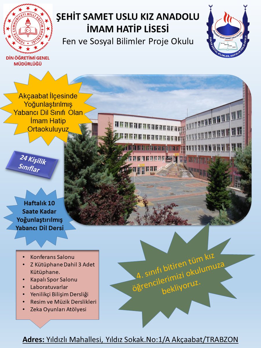 4.  Sınıfı bitiren tüm kız öğrencilerimizi okulumuza bekliyoruz.
 <a href="/Trabzon_MEM/">Trabzon İl Milli Eğitim Müdürlüğü</a> <a href="/hasan_uygun91/">hasan uygun</a>
@ahmetbektaş <a href="/AkcaabatIlceMEM/">Akçaabat İlçe Milli Eğitim Müdürlüğü</a> <a href="/AkcaMehmetUSTA/">Mehmet USTA</a> <a href="/BabulFatma/">Fatma Babul</a>