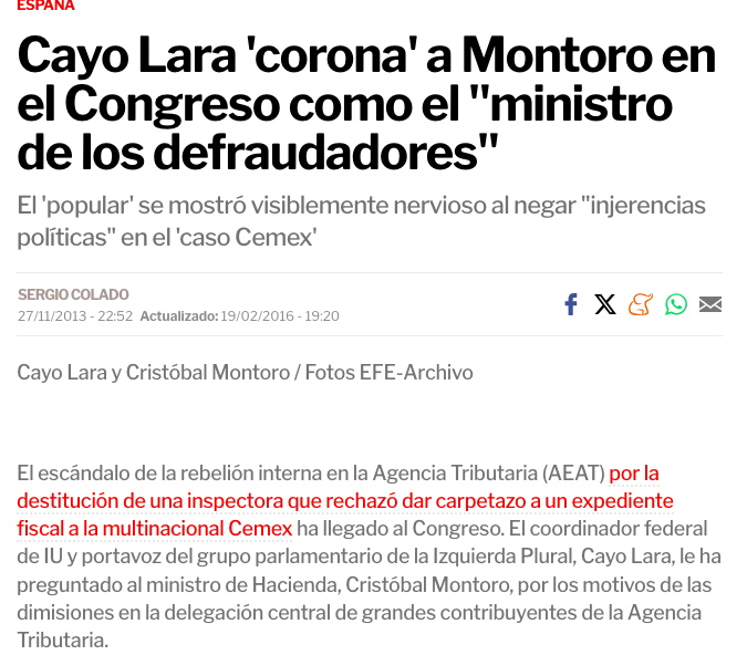 🗓️<a href="/IzquierdaUnida/">Izquierda Unida🔻🇵🇸</a> ya lo advirtió hace 12 años. En 2013, <a href="/cayo_lara/">Cayo Lara</a> señaló en el Congreso a Montoro por proteger a los defraudadores. 

No era una exageración, era una verdad incómoda. El tiempo no ha hecho más que darnos la razón.
elplural.com/politica/espan…