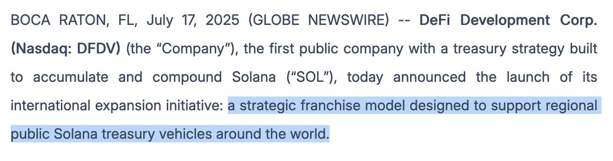 whosknave's tweet image. New: @defidevcorp launched a franchising model for Solana treasury vehicles.
DFDV will help w/ "investment, strategic guidance, and infrastructure" + validators in exchange for equity stakes in the companies.
DFDV Japan is expected to launch in coming weeks, per a spoksesperson