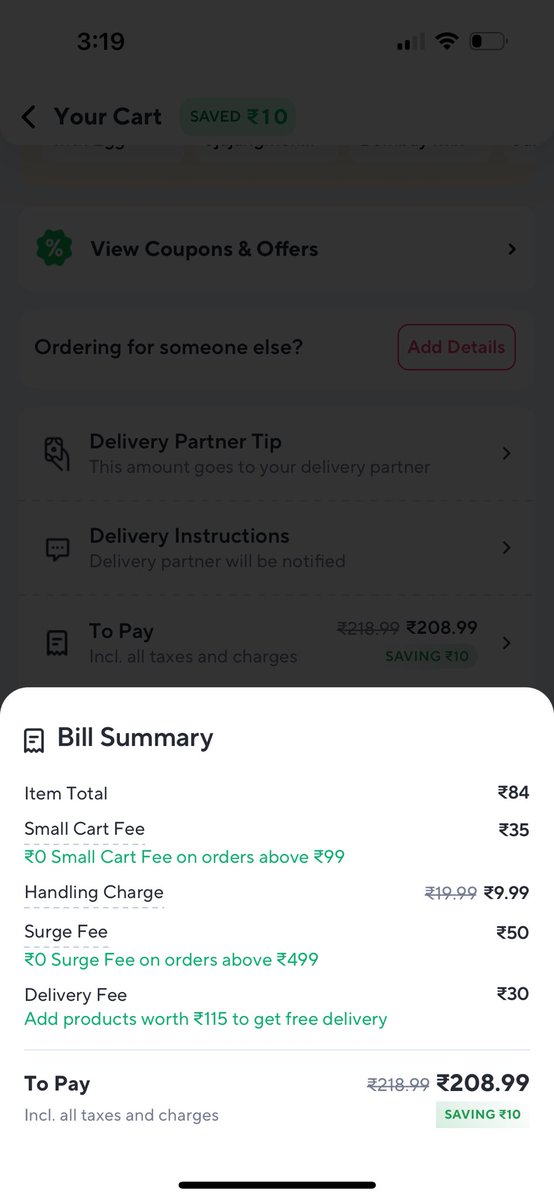 parulezz's tweet image. But I am getting 10₹ discount ! Just gonna focus on glass half full 😅 #quickcommerce #deliveryapps #deliverydares