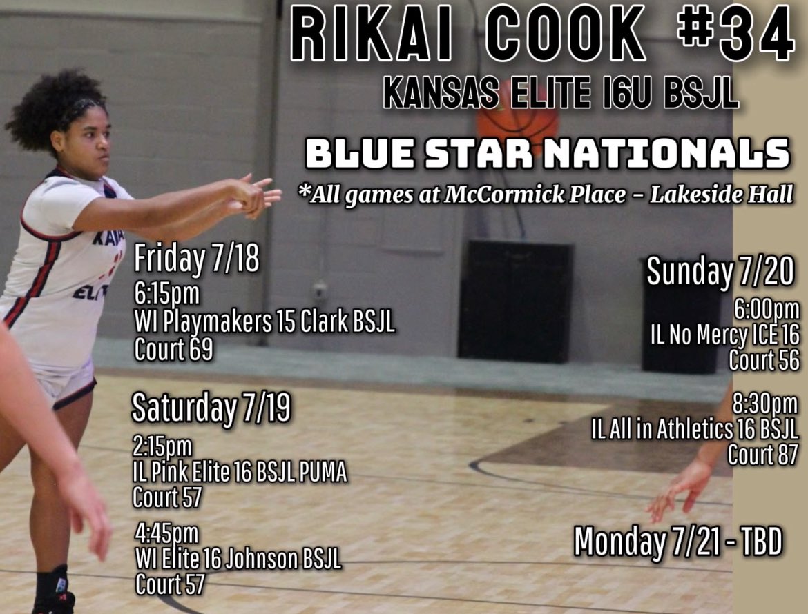 Come watch me and my <a href="/KansasEliteWBB/">Kansas Elite WBB</a> 16U team play this weekend in Chicago at the <a href="/USJN/">USJN</a> Blue Star Nationals!