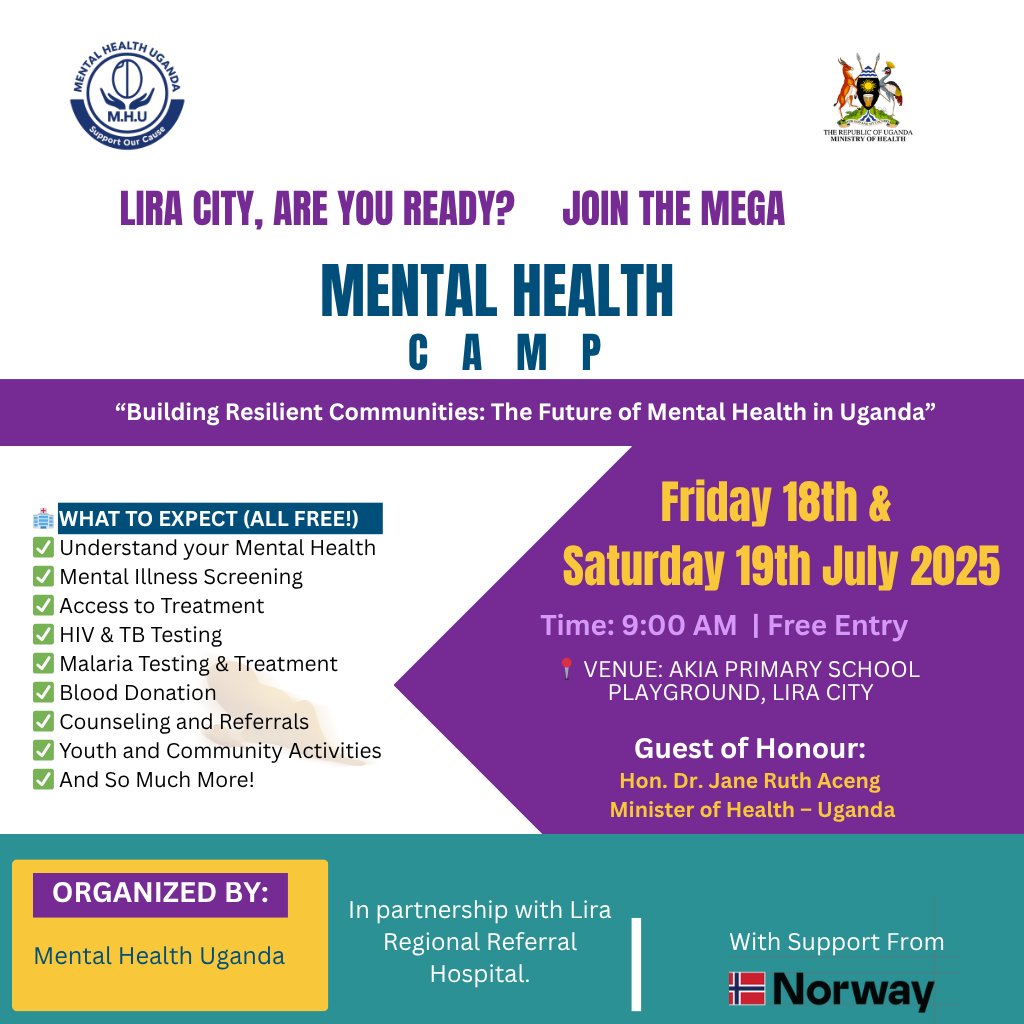 📌 Lira City, it's your turn!
Mental Health Uganda is bringing you a powerful 2-day Mental Health Camp filled with free services, expert care, and a shared vision of resilient communities. Join us at Akia Primary School on 18th &amp; 19th July 2025 — because your mental well-being