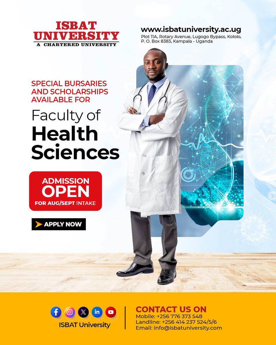isbatkampala's tweet image. Admissions Open!
Join the Faculty of Health Sciences and shape the future of healthcare! Become a Medical Imaging expert , lab technician or public health expert
#ISBATUniversity #HealthScience #FutureNurse #MedicalCareer #AdmissionsOpen #StudyInUganda #PublicHealth #NursingLife