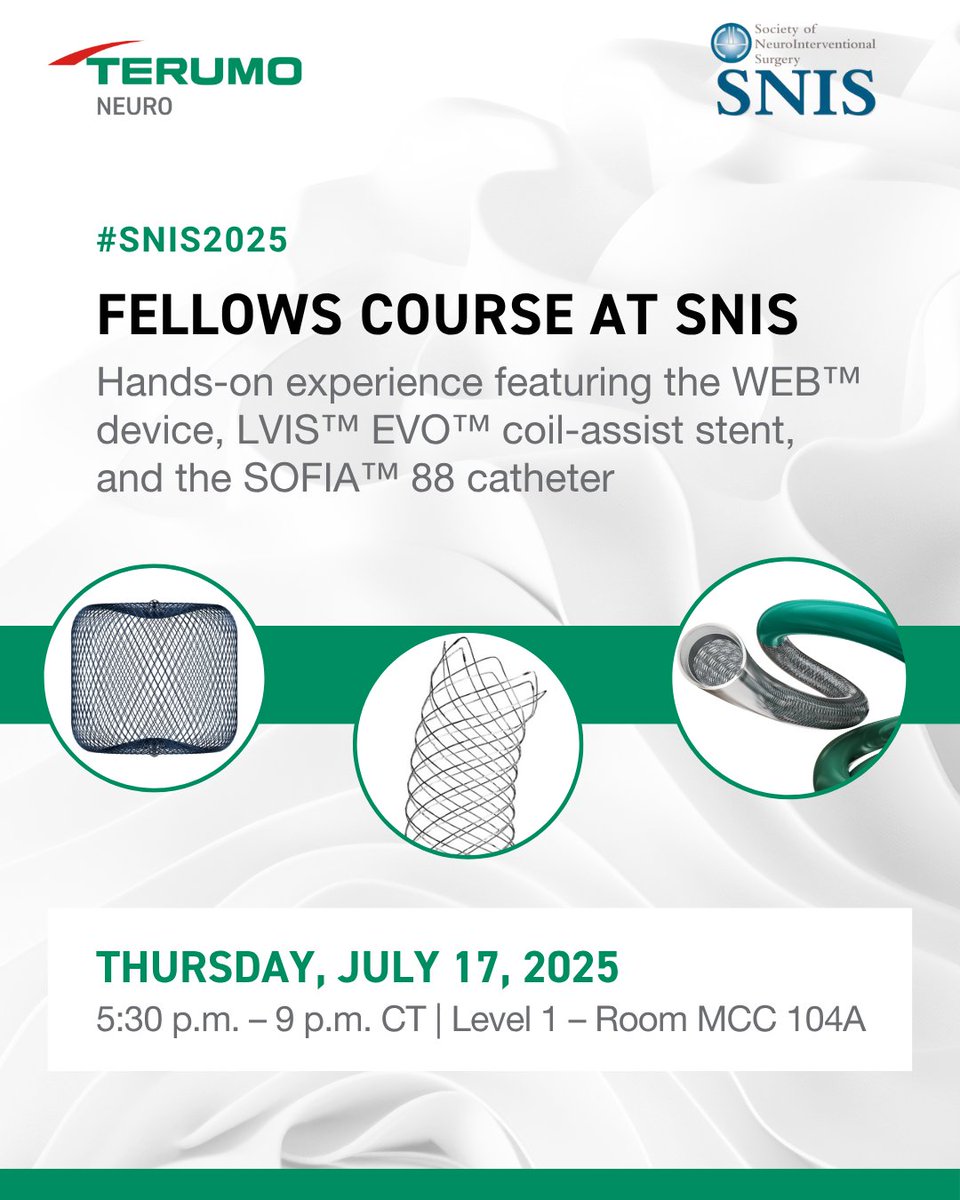 We’re proud to support the Fellows Course at #SNIS2025 — beginning Thursday, July 17, from 5:30 – 9 p.m. CT. 

Level 1 – Room MCC 104A 

#SNIS2025 #TerumoNeuro #WEBdevice #SOFIA88 #LVISEVO #MedTech #NeuroRad #Neurointervention