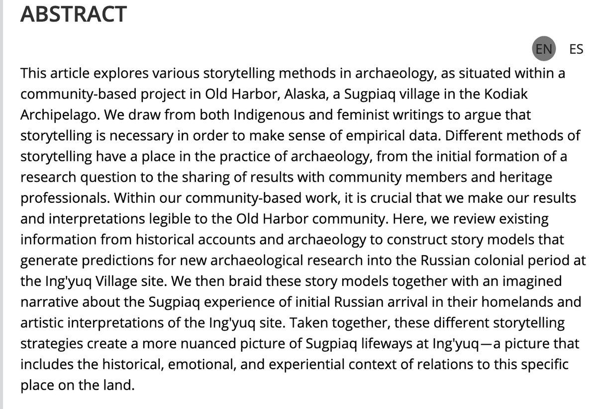 AmAnthroJournal's tweet image. New article! Check out &quot;Braided Storytelling as a Method in Archaeology: Reimagining the Sugpiaq Past Through Story&quot; by Hollis K. Miller, Allison Pestrikoff, and Tamara Swenson. #anthropology #archaeology

anthrosource.onlinelibrary.wiley.com/doi/10.1111/am…