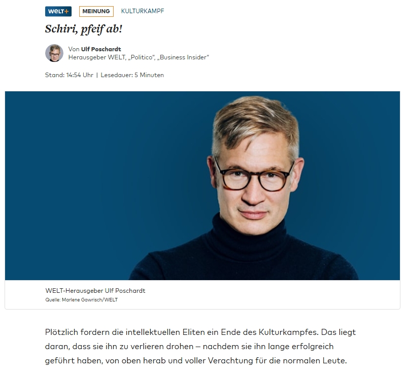 Terran Liberty (@terran_liberty) on Twitter photo Richtig starker Kommentar von <a href="/ulfposh/">Ulf Poschardt</a>: Die Eliten rufen „Schiri, pfeif ab!“ – weil sie den Kulturkampf zu verlieren drohen.
➡ Dieselben Intellektuellen, Medien und NGOs, die jahrzehntelang den Kulturkampf führten, wollen ihn nun beenden – aus Angst vor der Niederlage.
➡ Richtig starker Kommentar von <a href="/ulfposh/">Ulf Poschardt</a>: Die Eliten rufen „Schiri, pfeif ab!“ – weil sie den Kulturkampf zu verlieren drohen.
➡ Dieselben Intellektuellen, Medien und NGOs, die jahrzehntelang den Kulturkampf führten, wollen ihn nun beenden – aus Angst vor der Niederlage.
➡