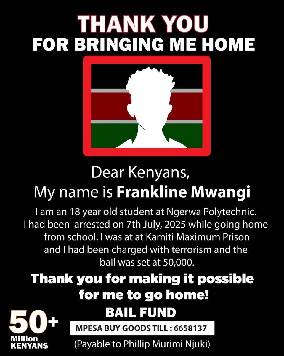 It's 4:47pm: We’ve raised nearly KSh 420,000 so far 🙌🏾 enough to bring several of our brothers &amp; sisters home.
Frankline is now free after days behind bars KSH bail of Ksh 50,000 (and 2 others)
Yasmin is still in remand, facing an outrageous bail of Ksh 300,000. We are processing