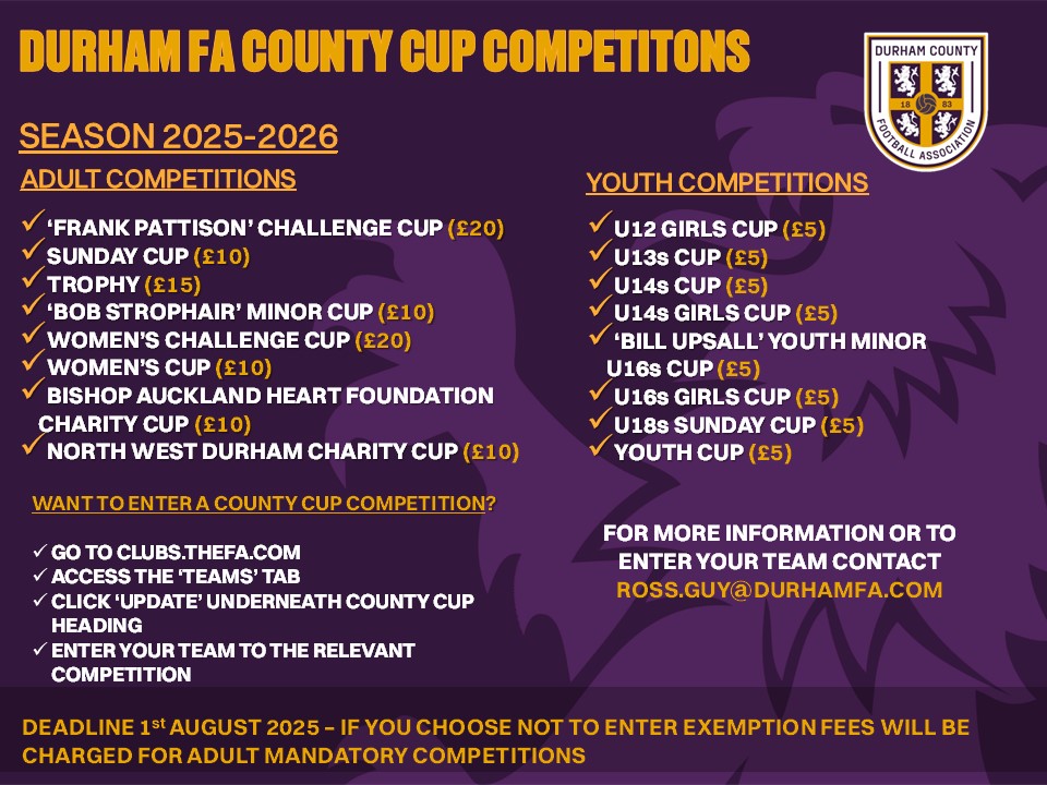 Fancy winning some silverware this season?🤔

Durham FA County &amp; Charity Cups are open for entry - Deadline 1st August🏆

Click the link below to find out how to enter👇
🔗durhamfa.com/news/2025/jul/…