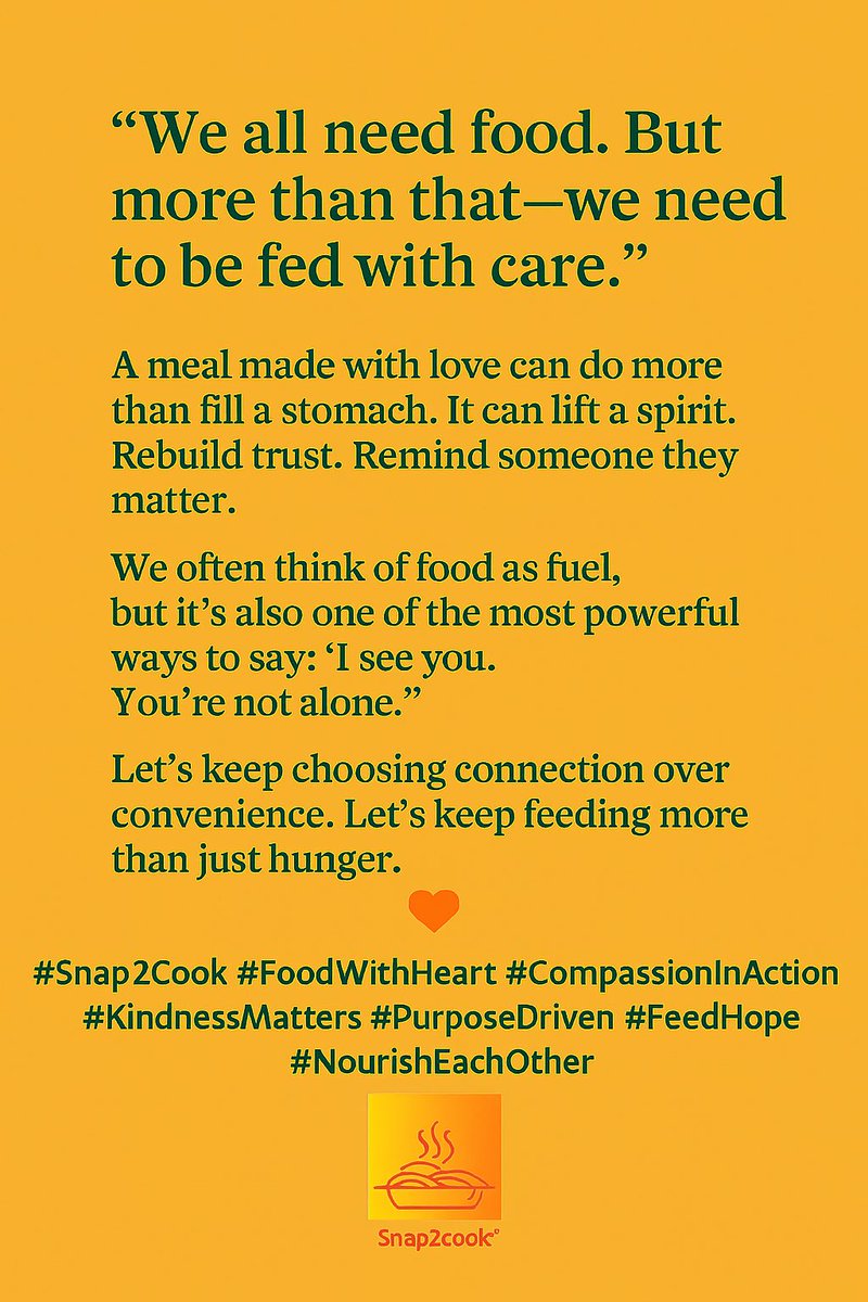 snap2cook's tweet image. Food isn’t just fuel, it’s a language of love, dignity & belonging.
Let’s keep using it to uplift, include, nourish inside & out.
“One Love, one heart… let’s get together and feel alright”
🧡 @snap2cook
#FoodWithPurpose #FeedHope #KindnessInAction #DailyActsOfCare