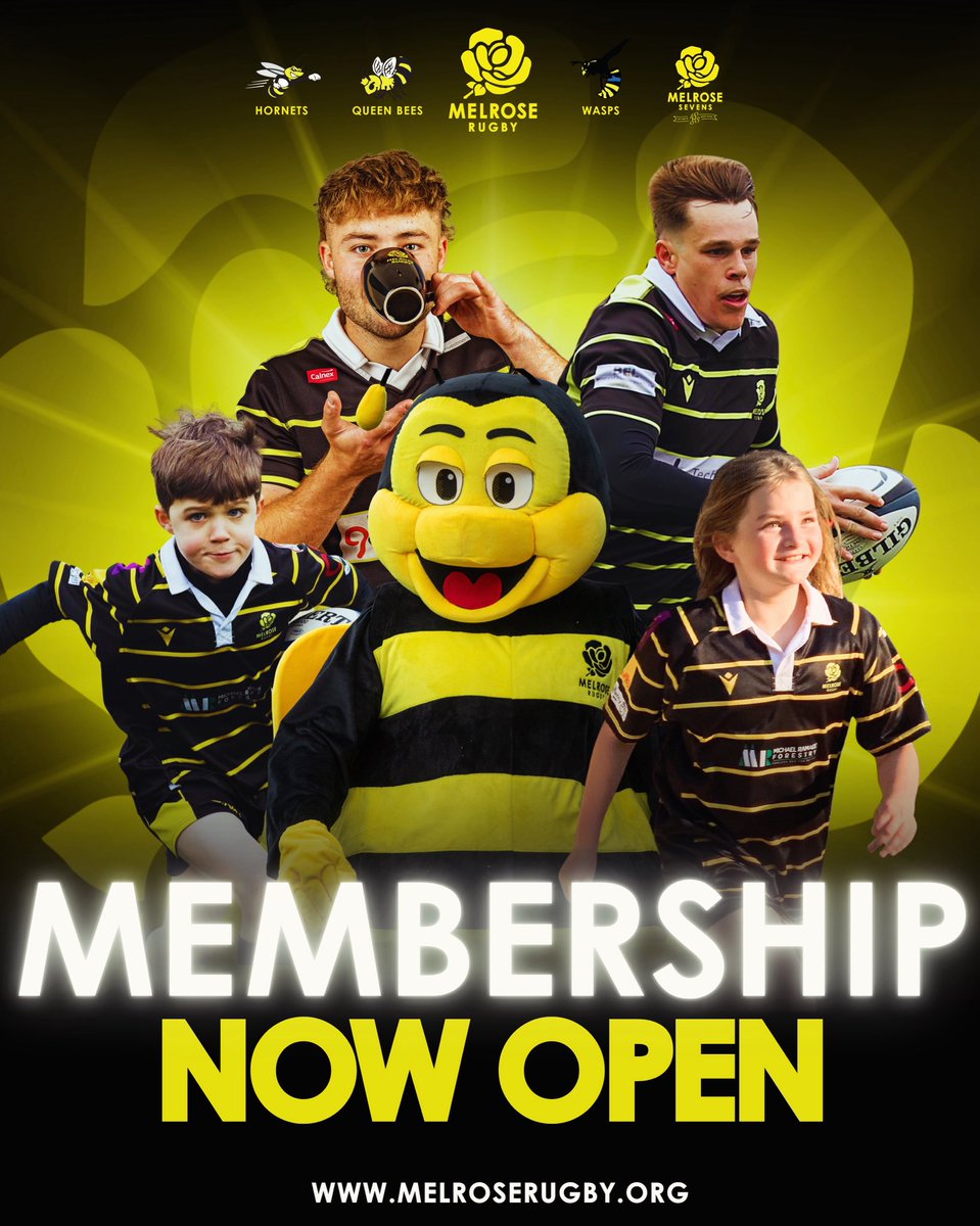 MelroseRugby's tweet photo. 𝙈𝙚𝙢𝙗𝙚𝙧𝙨𝙝𝙞𝙥 𝙉𝙤𝙬 𝙊𝙥𝙚𝙣 | Join the club for 2025/26 🐝

Head to the Melrose Rugby Website to get your membership for the 2025/26 season!

MEMBERSHIP INFO ��� https://t.co/ZoVFBPgyHi 

#BlackandYellow🐝 https://t.co/K2KUuJGDSw