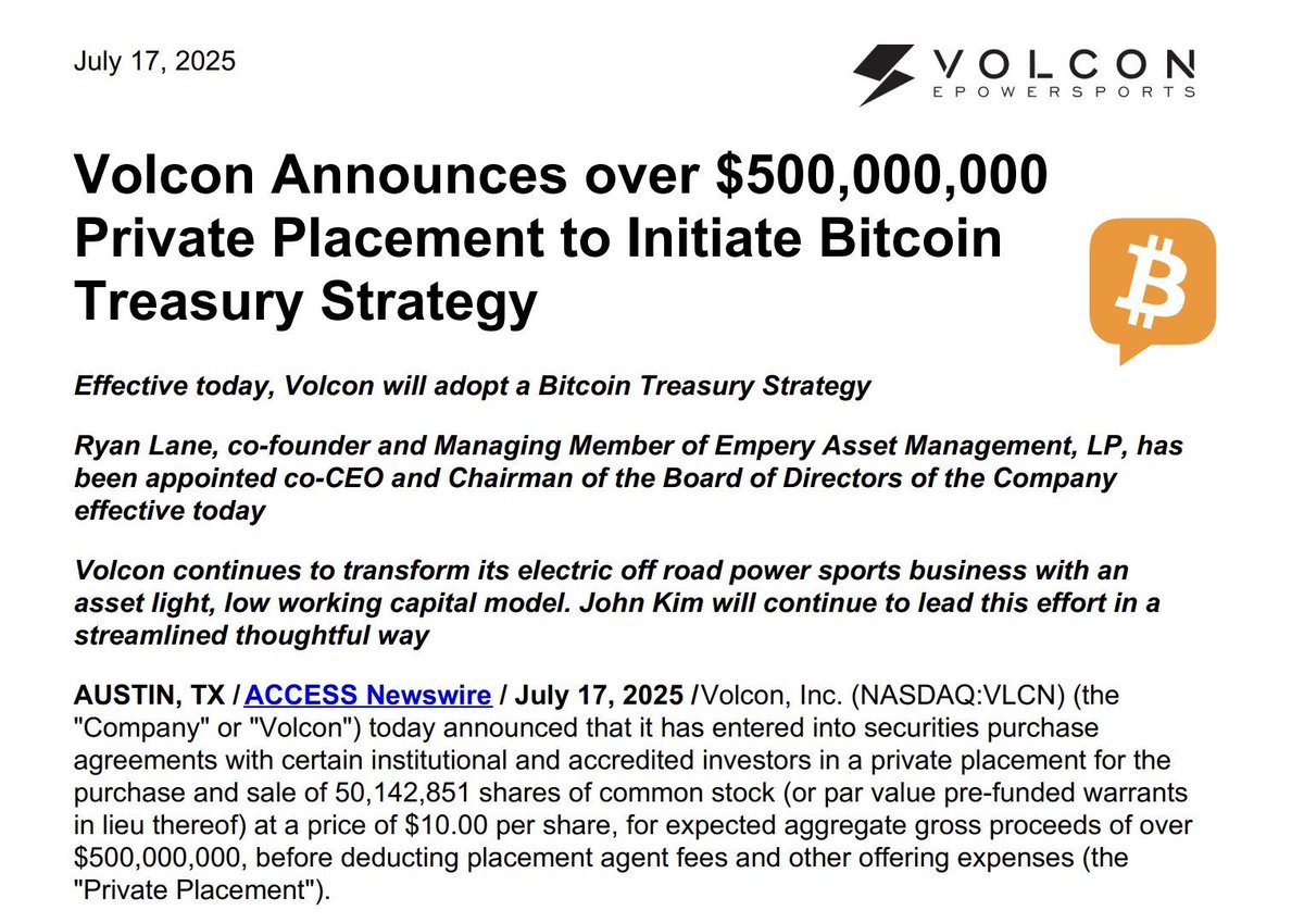 π¨ BREAKING: Volcan Inc lancia strategia di tesoreria Bitcoin con vendita di azioni da 500 milioni di dollari