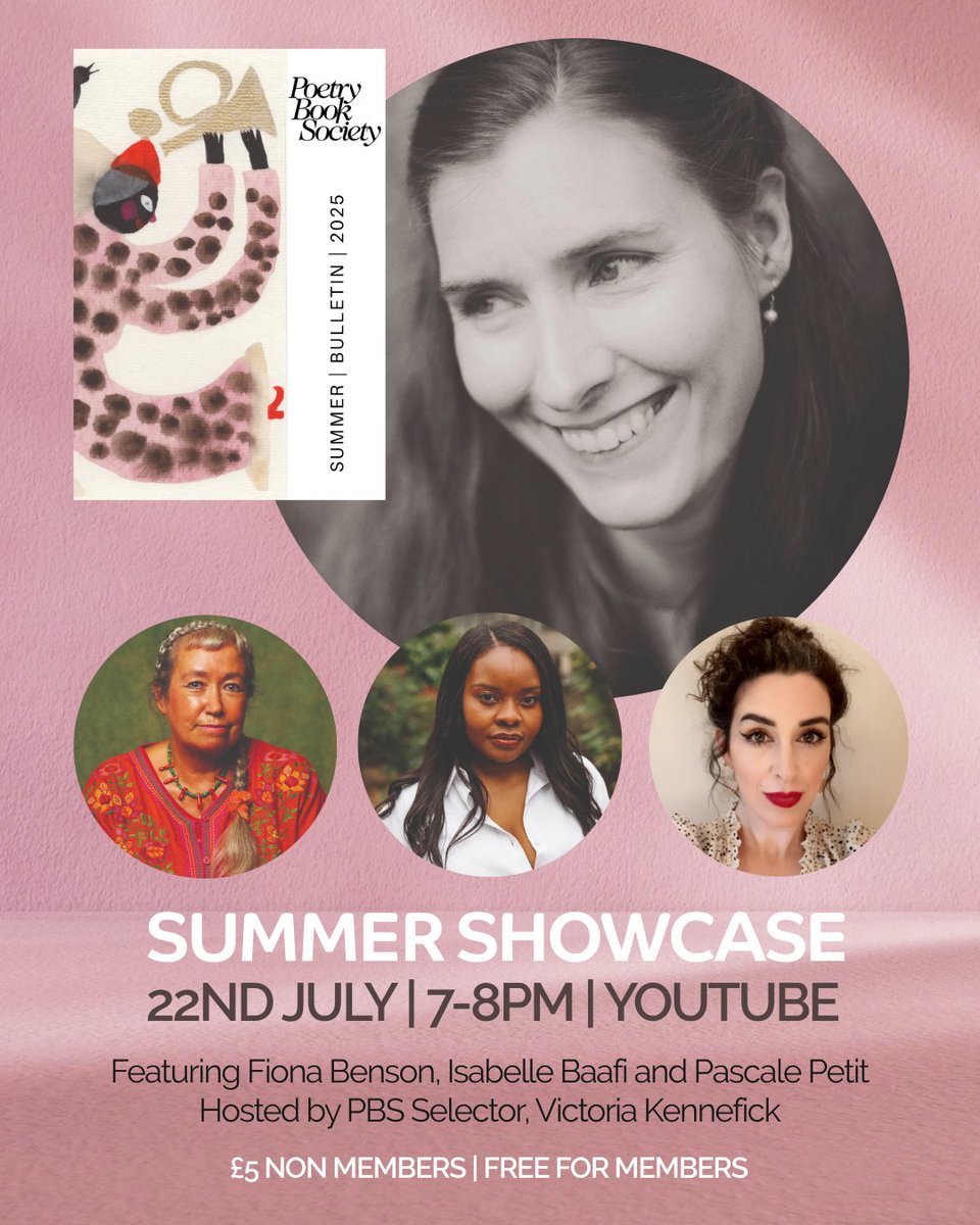 PoetryBookSoc's tweet image. ✨Don&apos;t miss the PBS online Summer Showcase NEXT Tuesday 22nd July 7pm BST on youtube. Featuring Fiona Benson, Isabelle Baafi, Pascale Petit and Victoria Kennefick.

👉Book now for our £5 for non-members here &amp;gt; poetrybooks.co.uk/products/summe… PBS Members can watch for free - email…